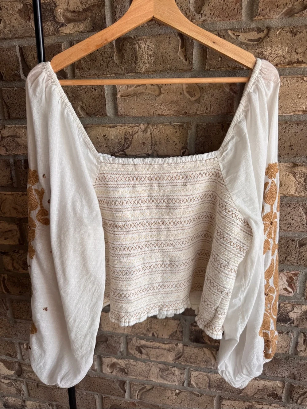 Anthropologie Embroidered Smocked Puff Sleeve Crop Top Ivory Gold Floral 2X